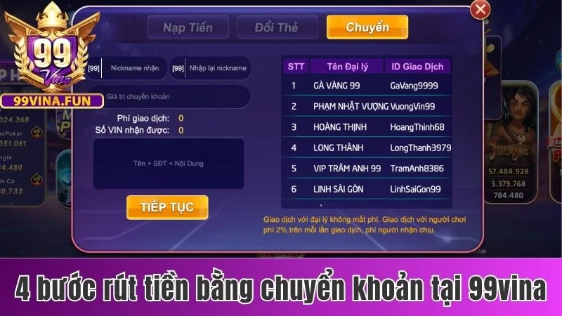 Rút Tiền 99vina - Chi Tiết Thao Tác Thực Hiện 2 Phương Thức 2 4 bước rút tiền bằng chuyển khoản tại 99vina